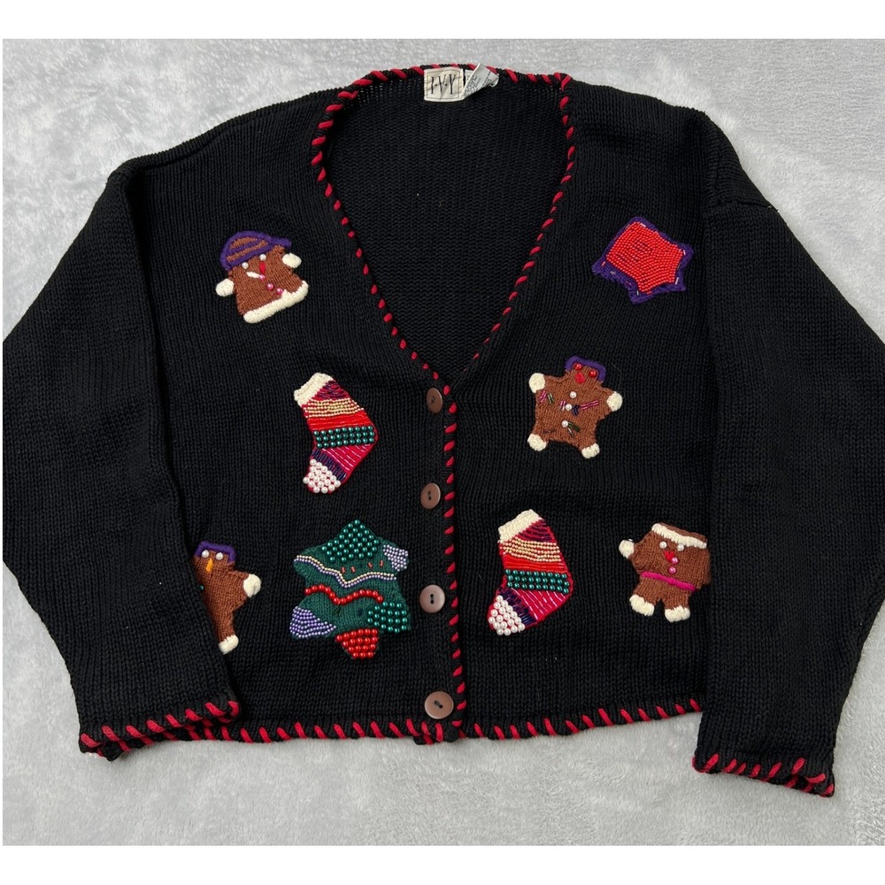 California Ivy Beaded Gingerbread Cardigan Size L Black Vintage 90s Ugly Sweater